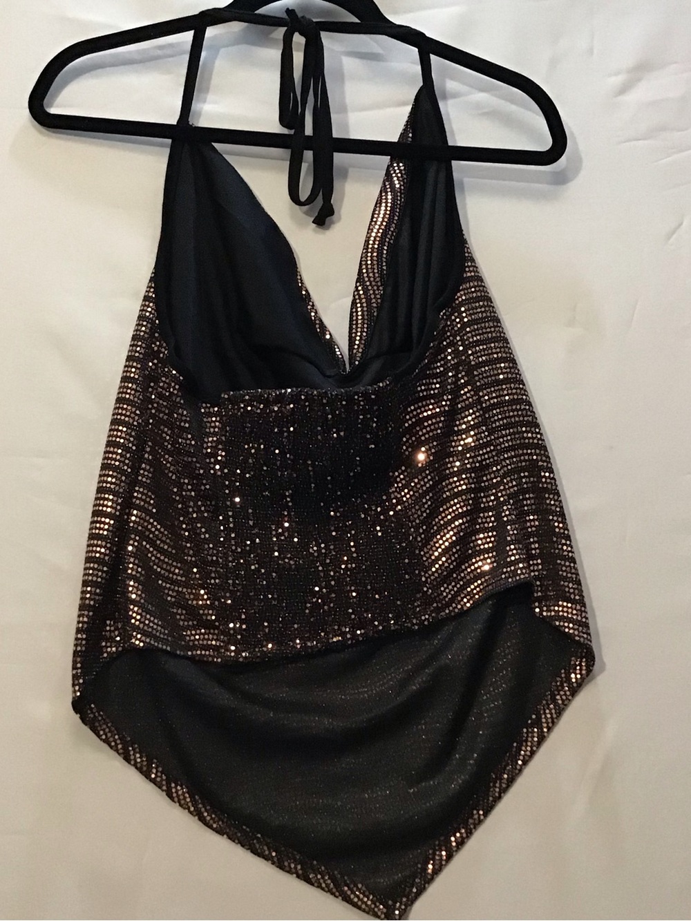 260 Halter Top w/ Dramatic Cowl neckline Pointed V Shape  with Gold Sequin Trim - Picture 2 of 8